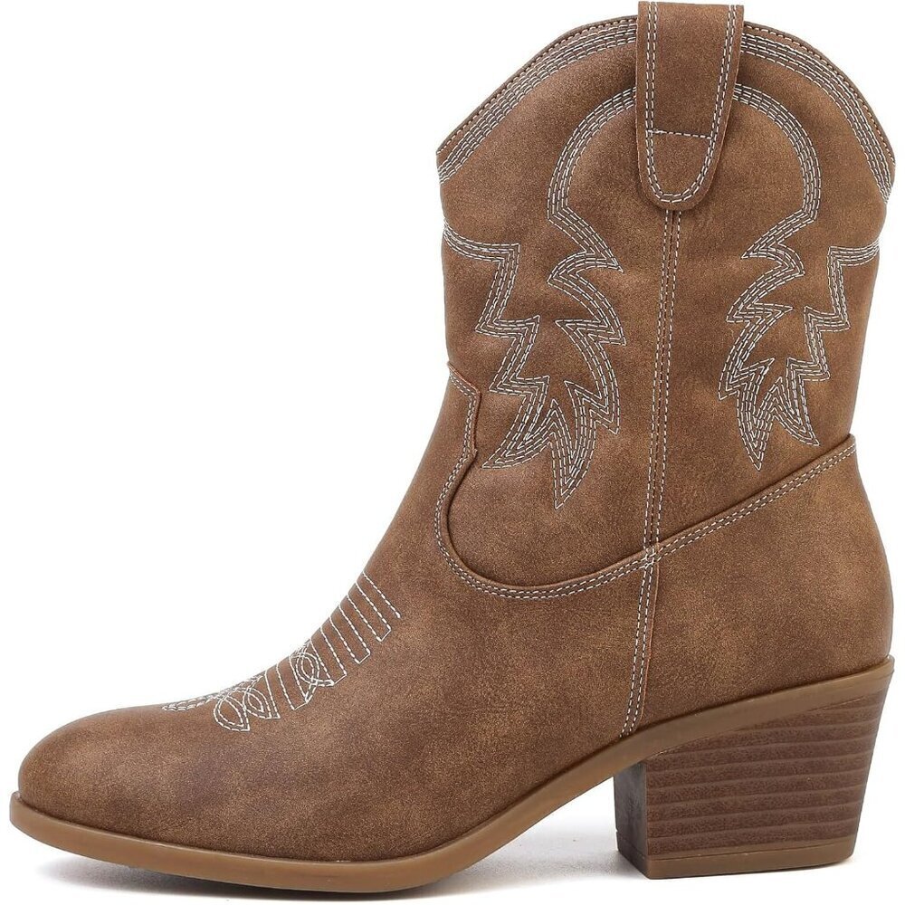 Todaysunny Women Brown Western Femme Cowboy Calf Ankle Booties With Side Zip - Picture 2 of 5